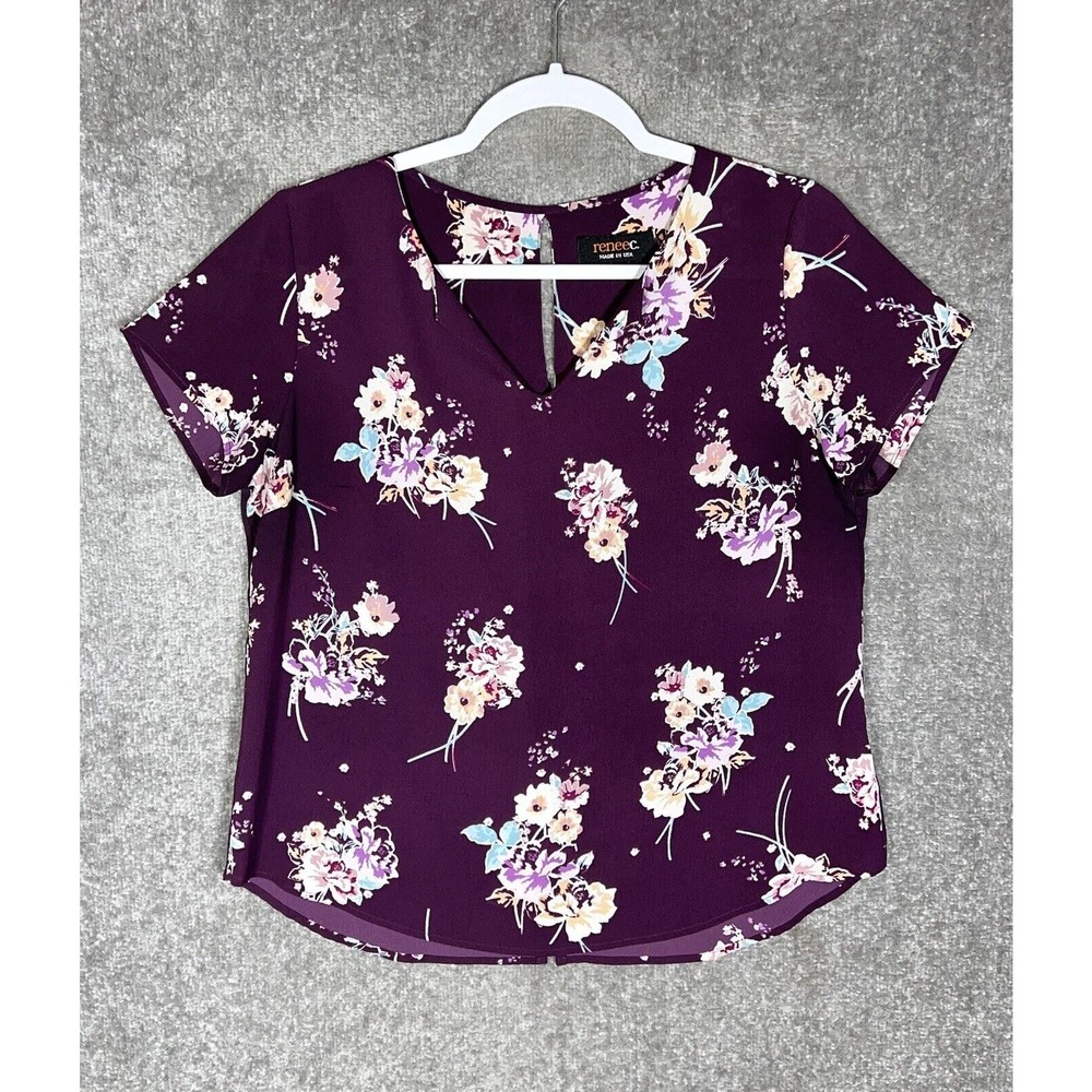 Renee C V-Neck Keyhole Top Womens Size Medium‎ Purple Floral Stretch USA Made